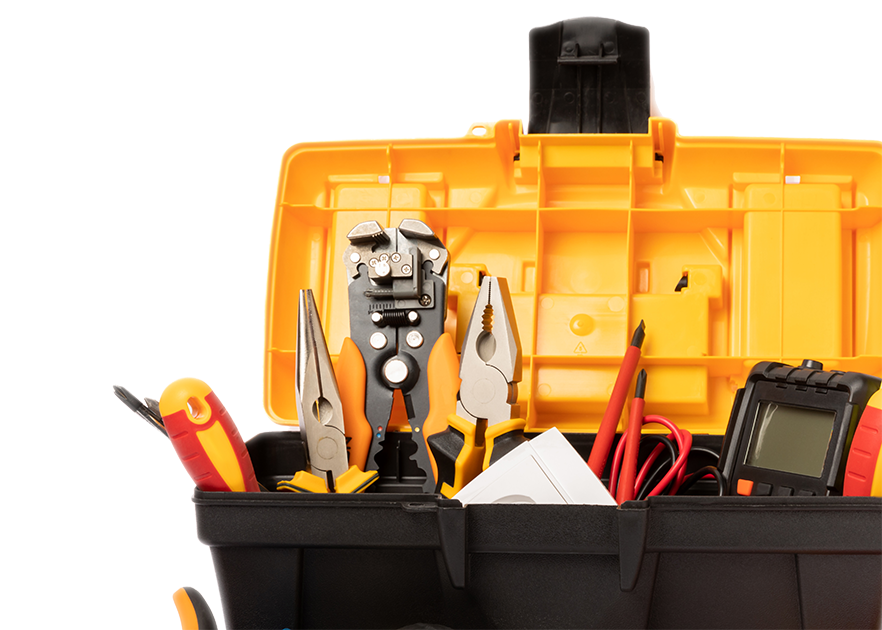 Composition with electrician tools and accessories isolated on white background. Tool box. Electrician s tool.